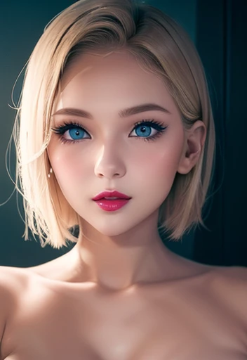 Young woman short blonde hair blue eyes white skin eyeliner and voluminous red lips detailed face perfectly, nsfw on tiny slingshot, full body 1.2 slender, lsgs spread, makeup and fashion accessories