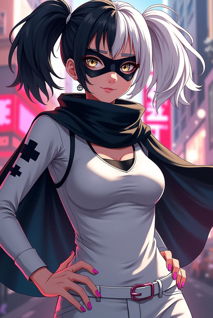 Create an anime style character similar to Harley Quinn with pigtails with one side of the hair black and the other side white with a black mask on the mouth and nose and a large black scarf and white clothes with a bat