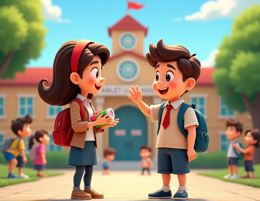 boy greeting his teacher at his school animated