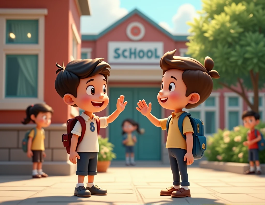boy greeting his teacher at his school animated