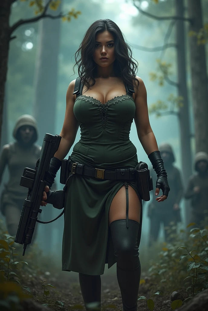 Big breste women waring a pubg dress holding a big gun and standing on a dark Forest with some zombies
