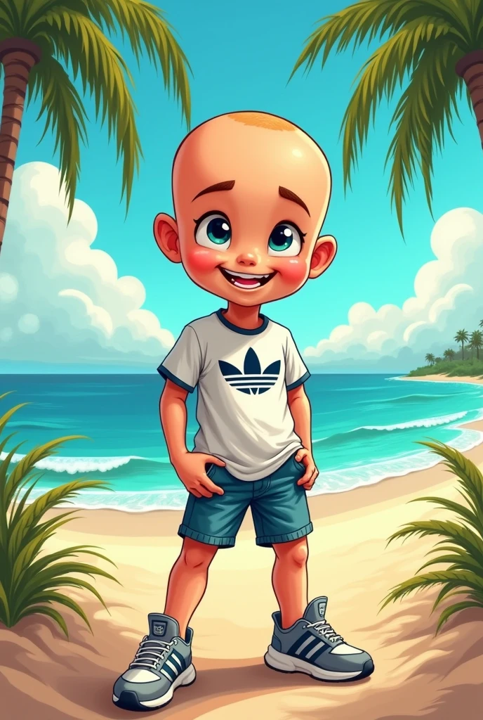 a bald boy with an adidas shirt and grey adidas sneakers and a beach style shorts comic version