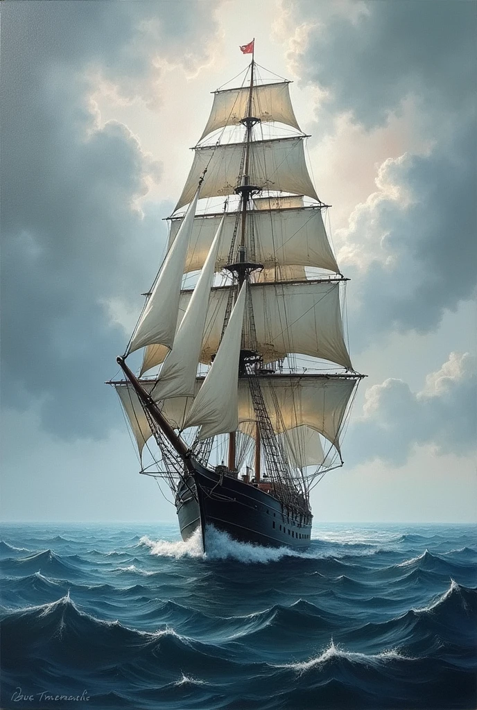 Acrylic painting of a Sailing ship in the sea at cloudy day