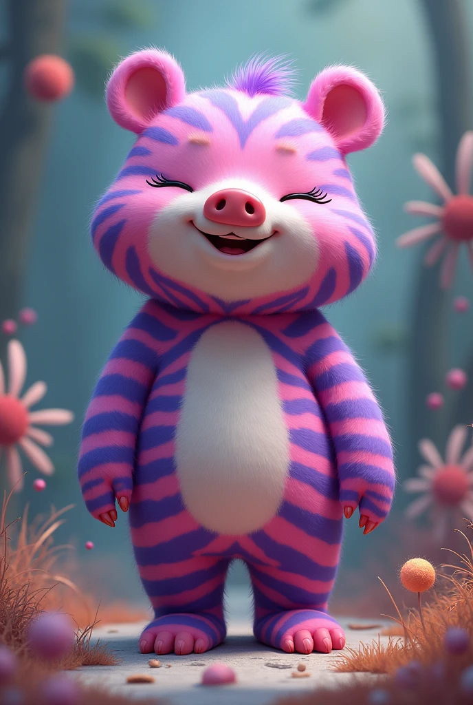Create an animal that has a bear body, human feet on its body, purple and pink zebra stripes, human fingers, a round face, rabbit ears, a pig nose, a smiling mouth, and closed human eyes.