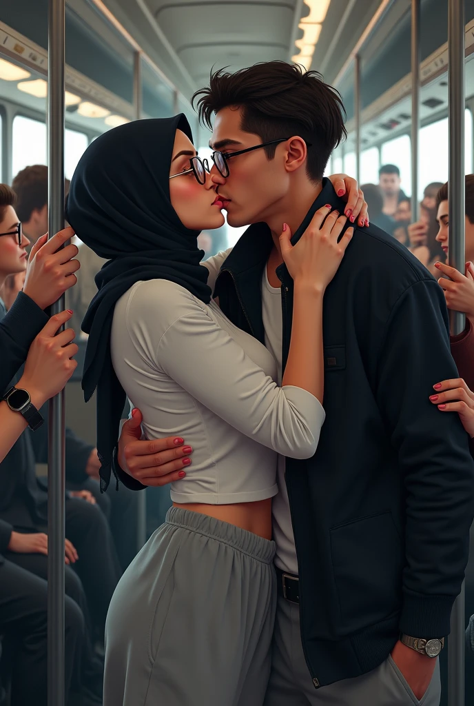 Black headscarf on a crowded bus, white long sleeve t shirt, grey baggy sweatpants, spectacled,Sexy woman kissing man. Other people touch the woman's breasts and buttocks.