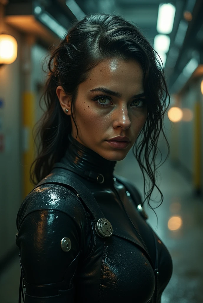 A Sweaty 21yo russian woman , cinematic film still,, noir, modern, dystopian, (sleek), Cybernetic, Luis Royo