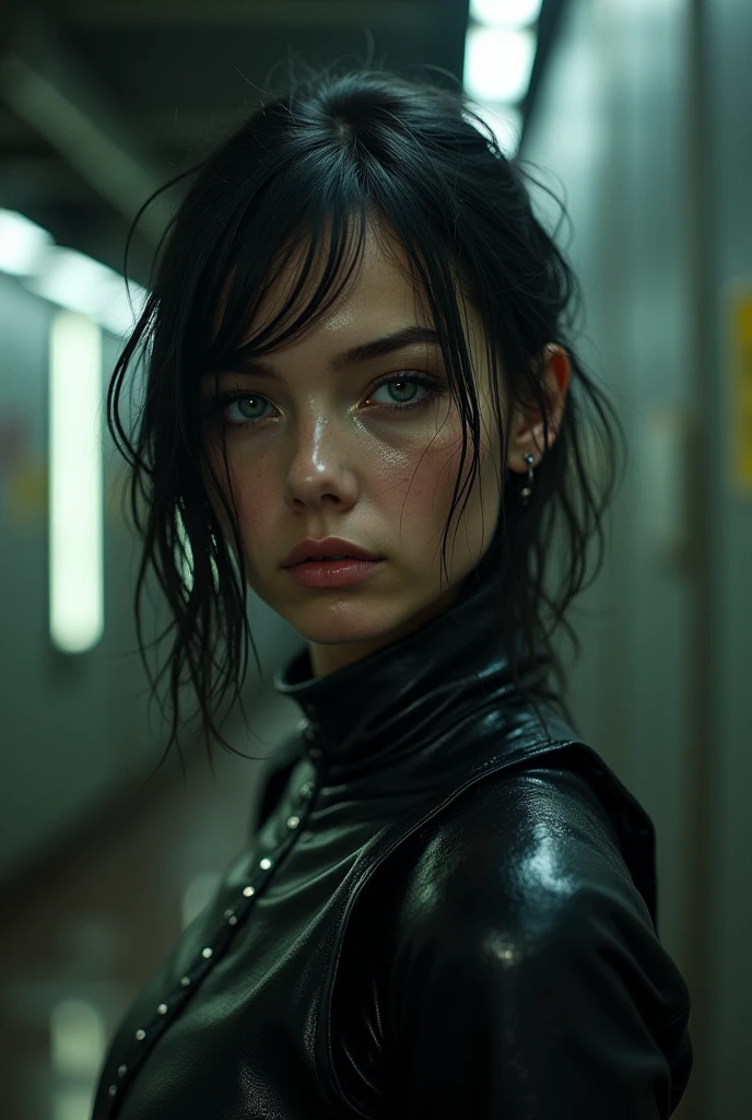 A Sweaty 21yo russian woman , cinematic film still,, noir, modern, dystopian, (sleek), Cybernetic, Luis Royo