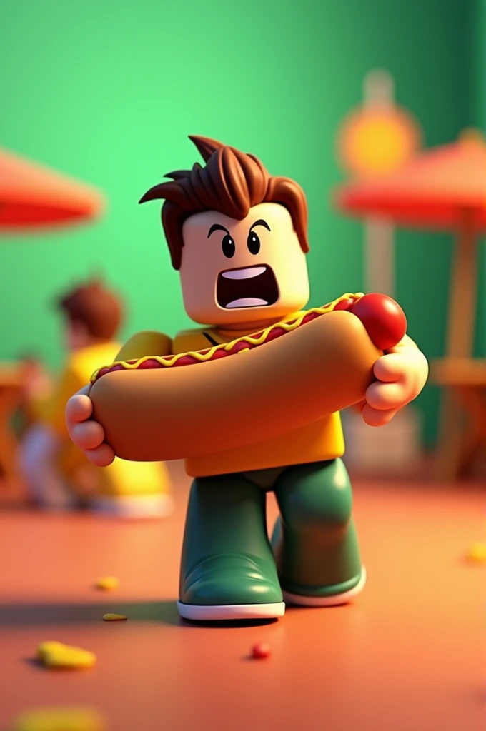 Roblox character eating hotdog in green and orange colors