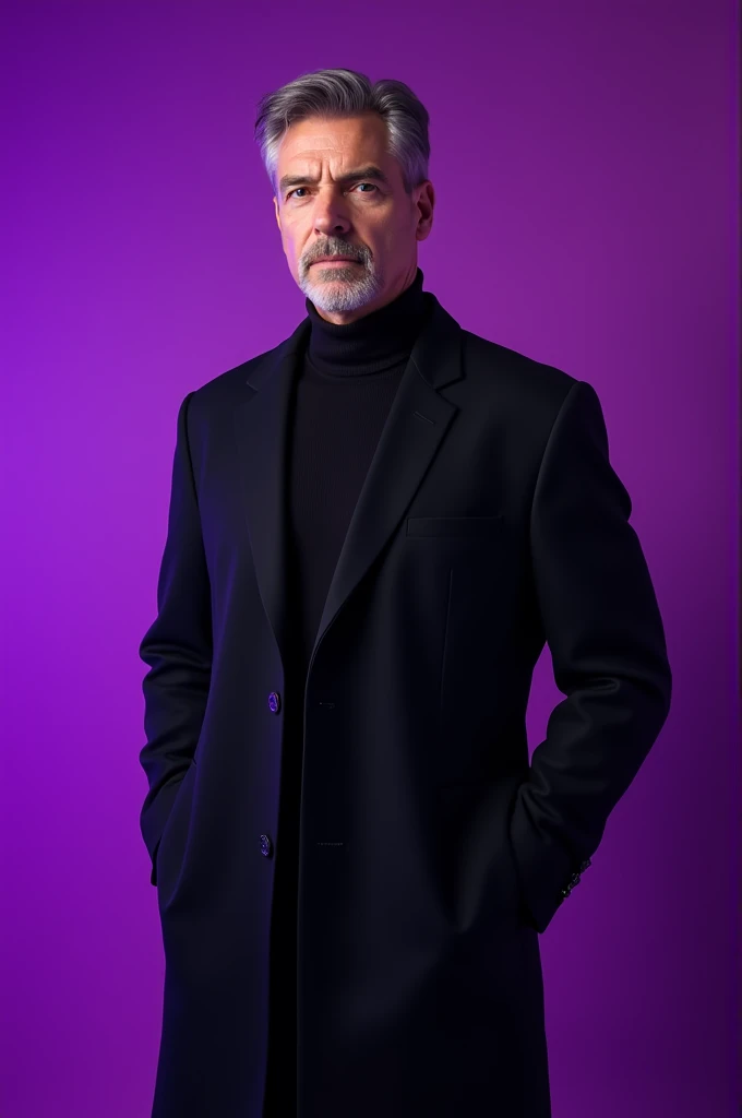 Photoshoot of a man wearing black office coat in purple background