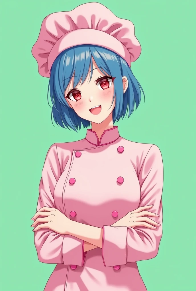 Female chef between 18 and 1, with a pink long-sleeved uniform and a chef&#39;s hat of the same color, 2D anime style with pastel colors, short blue hair, Red eyes ,with a happy and sensual expression, on a completely green and flat background