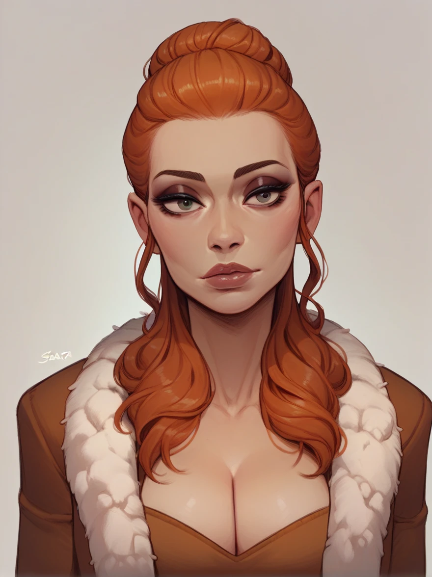 score_9, score_8_up,score_7_up, score_6_up, score_5_up, score_4_up, woman, best quality, highres, portrait, solo, beautiful, makeup, soft lips, Sansa Stark, (orange hair, large cleavage,  beautiful fur winter dress, (((simple background)))