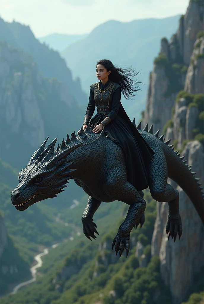 Create a real image of a black-eyed, black-haired girl riding a dragon, with the theme of game Of thrones