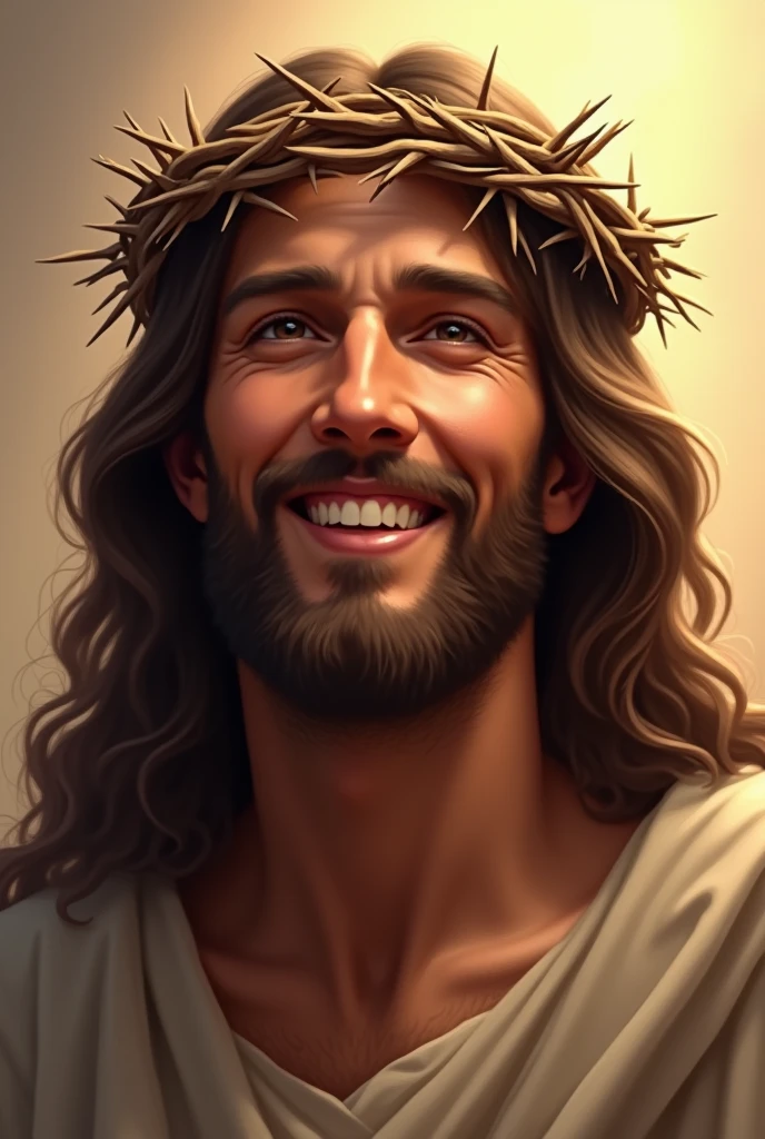 A detailed, realistic image of Jesus Christ smiling warmly while wearing a crown of thorns. Despite the crown, his expression is peaceful and full of compassion, conveying a sense of divine love and forgiveness. His eyes are gentle, and his long, wavy hair falls over his shoulders. The crown of thorns is depicted with intricate detail, but it does not detract from the kindness in his expression. The background is soft and serene, with a warm light surrounding him, emphasizing the sacred and hopeful mood of the scene.