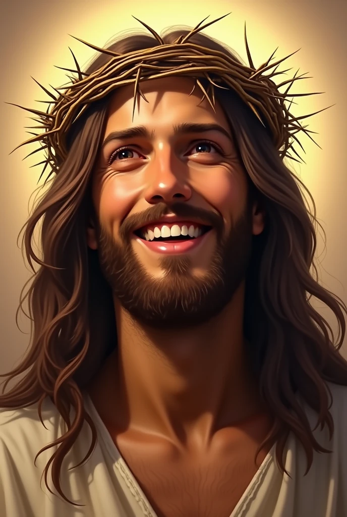 A detailed, realistic image of Jesus Christ smiling warmly while wearing a crown of thorns. Despite the crown, his expression is peaceful and full of compassion, conveying a sense of divine love and forgiveness. His eyes are gentle, and his long, wavy hair falls over his shoulders. The crown of thorns is depicted with intricate detail, but it does not detract from the kindness in his expression. The background is soft and serene, with a warm light surrounding him, emphasizing the sacred and hopeful mood of the scene.