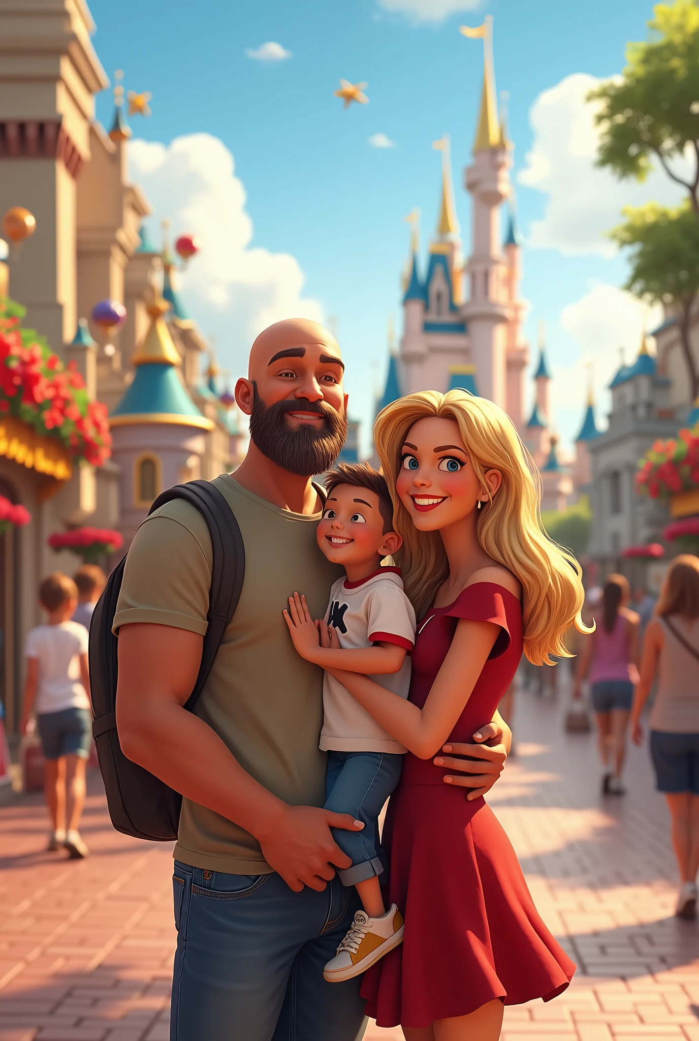 Create an image of a family at Disney, being a bald man with a beard, A blonde woman, one and one of 10 years.