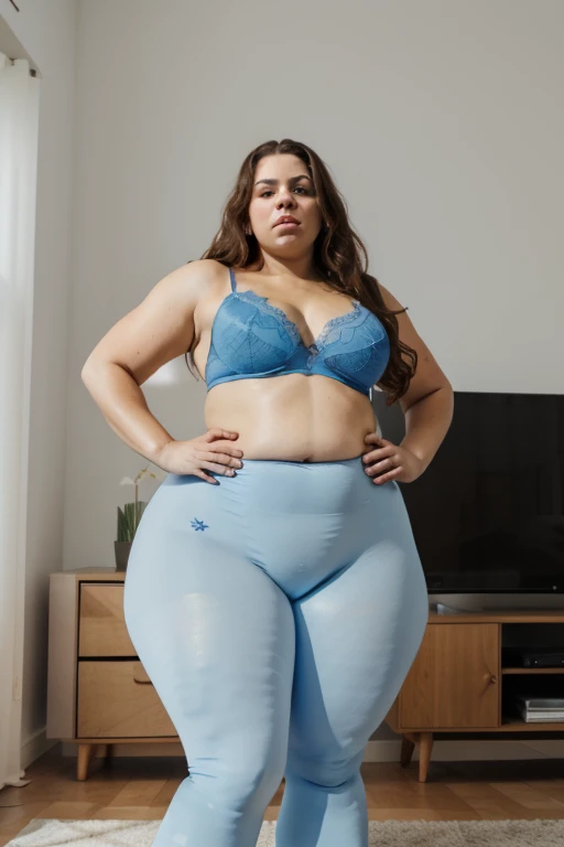 Fat mulatto woman, fully body, standing, wearing blue leggings and bra, living room in front of the television, Hands on waist