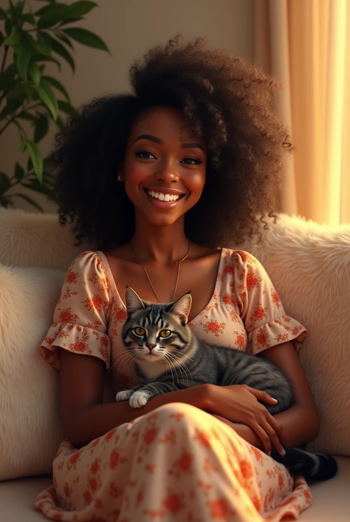 A dark-skinned woman with well-defined, voluminous shoulder-length curly hair holding a gray-striped cat, wearing a floral dress sitting on a sofa smiling