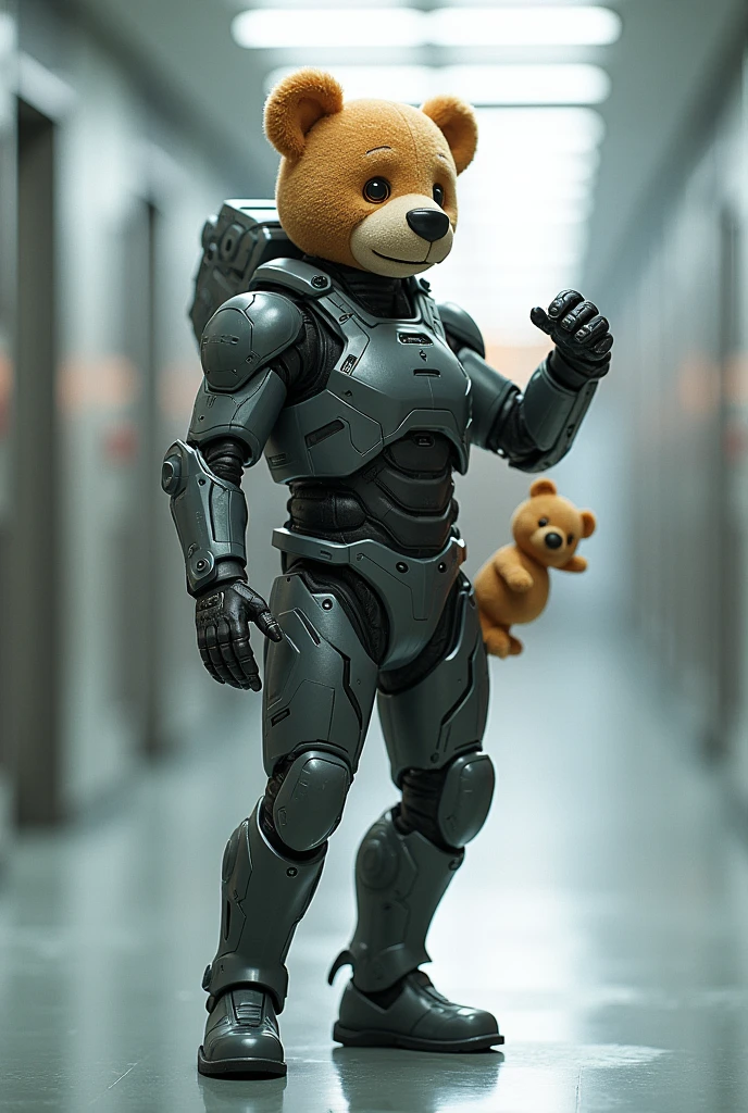 Futuristic soldier in funny pose and with a teddy bear on him and dancing 