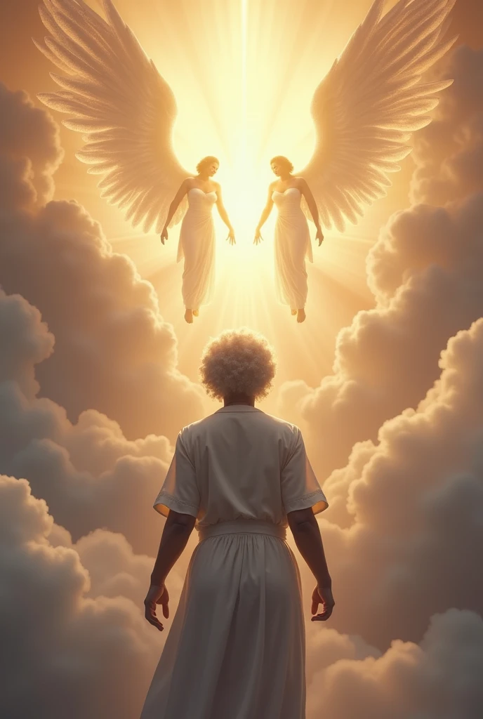 Create an image of a black woman, lowrise, retired (72 years), in american maid clothes, full gray hair from behind arriving in heaven being welcomed by angels in heaven, smiling and in the clouds is Michael Jackson and Whitney Houston