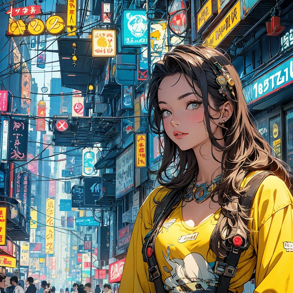 (masterpiece, highest quality), 32K,(highly detailed beautiful woman), poster,SF,1960s,1970s,bauhaus, shape, abstract,movie poster, vintage,retro,futuristic anime,ultimate map,highlight,highly detailed glowing eyes,cleavage,complicated pattern,Stylish hairstyle,fluorescence((yellow clothes)),Starry Sky,Cyberpunk street fashion,