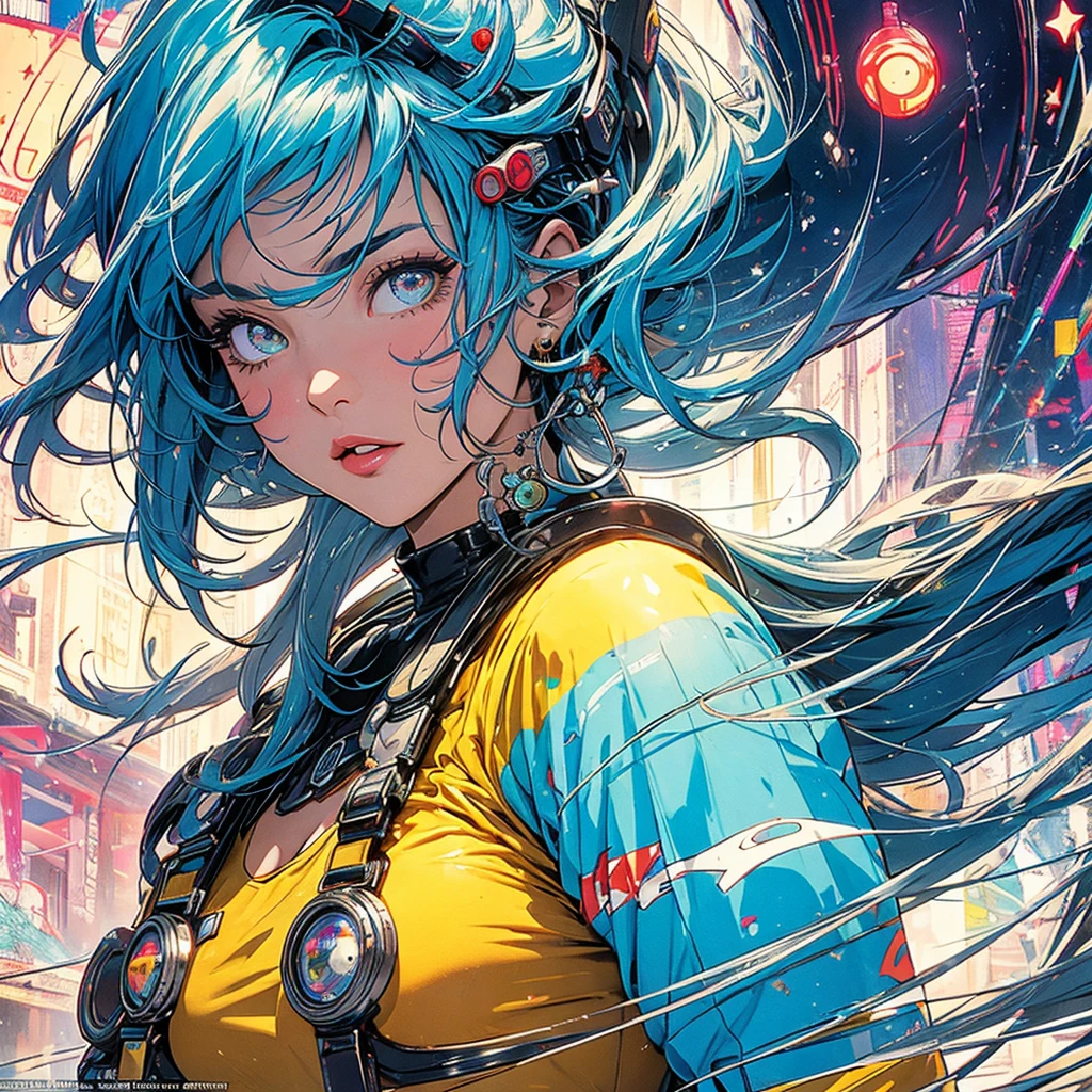 (masterpiece, highest quality), 32K,(highly detailed beautiful woman), poster,SF,1960s,1970s,bauhaus, shape, abstract,movie poster, vintage,retro,futuristic anime,ultimate map,highlight,highly detailed glowing eyes,cleavage,complicated pattern,Stylish hairstyle,fluorescence((yellow clothes)),Starry Sky,Cyberpunk street fashion,