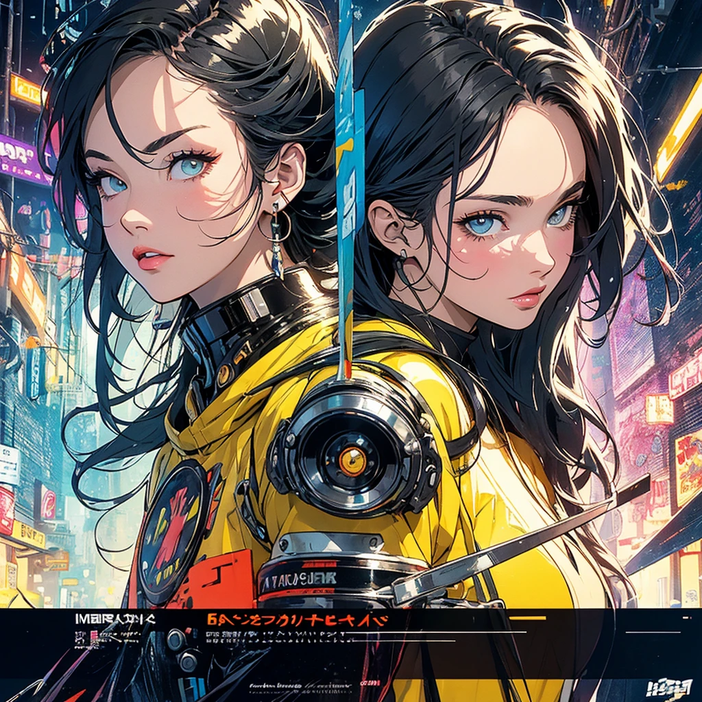 (masterpiece, highest quality), 32K,(highly detailed beautiful woman), poster,SF,1960s,1970s,bauhaus, shape, abstract,movie poster, vintage,retro,futuristic anime,ultimate map,highlight,highly detailed glowing eyes,cleavage,complicated pattern,Stylish hairstyle,fluorescence((yellow clothes)),Starry Sky,Cyberpunk street fashion,