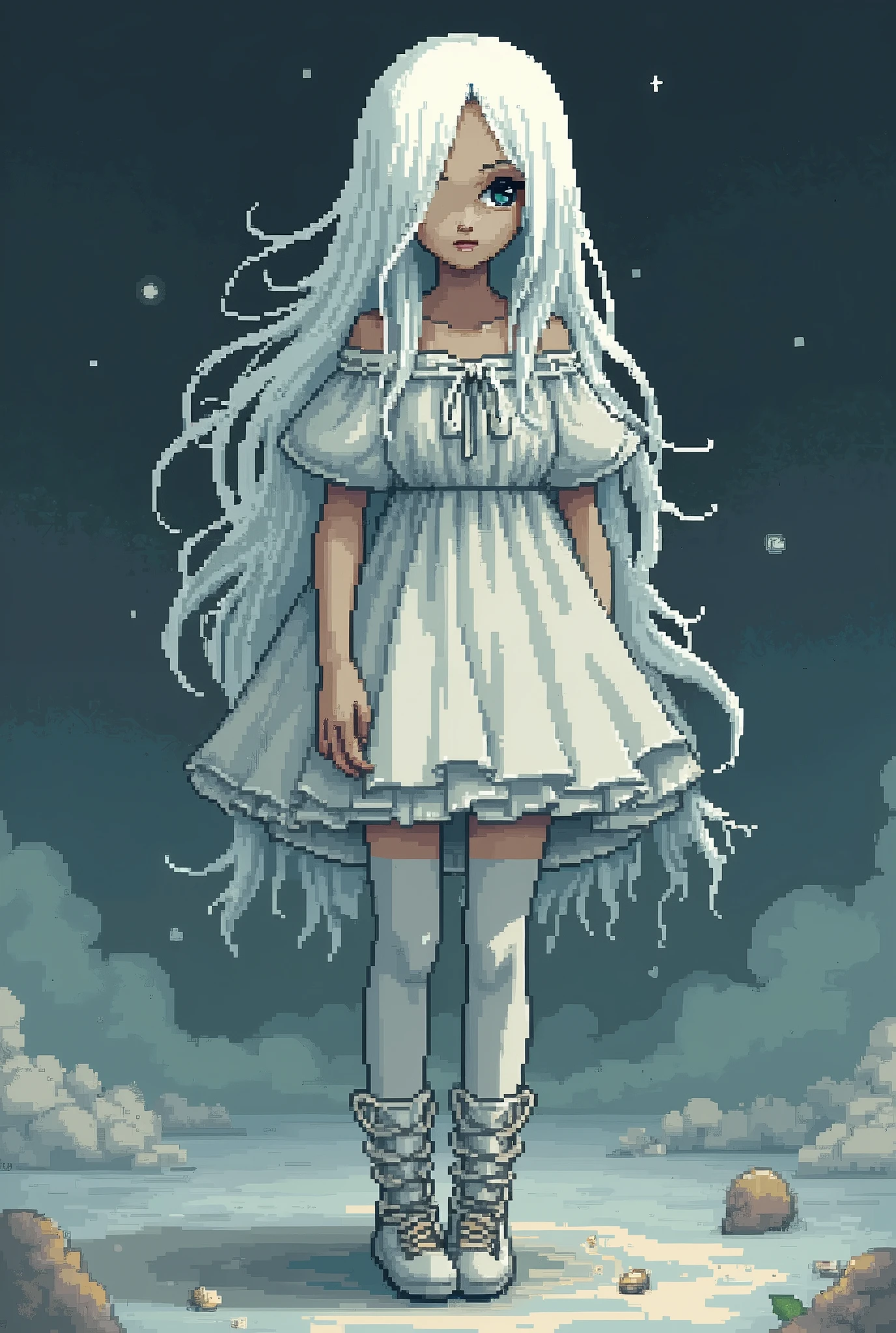 girl with pale skin, long hair, who has one eye covered by a cloth that covers it, who wears fantasy clothing which has a skirt, who wears long white stockings and shoes, who looks like her face is emotionless, pixel art