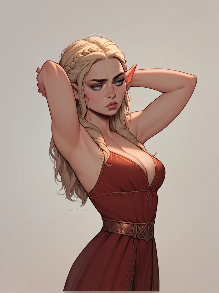 score_9, score_8_up,score_7_up, score_6_up, score_5_up, score_4_up, woman, best quality, highres, full shot, solo, beautiful, makeup, soft lips, daenerys (bored), large cleavage,  beautiful red dress, (((simple background))), thin elf ears, head up