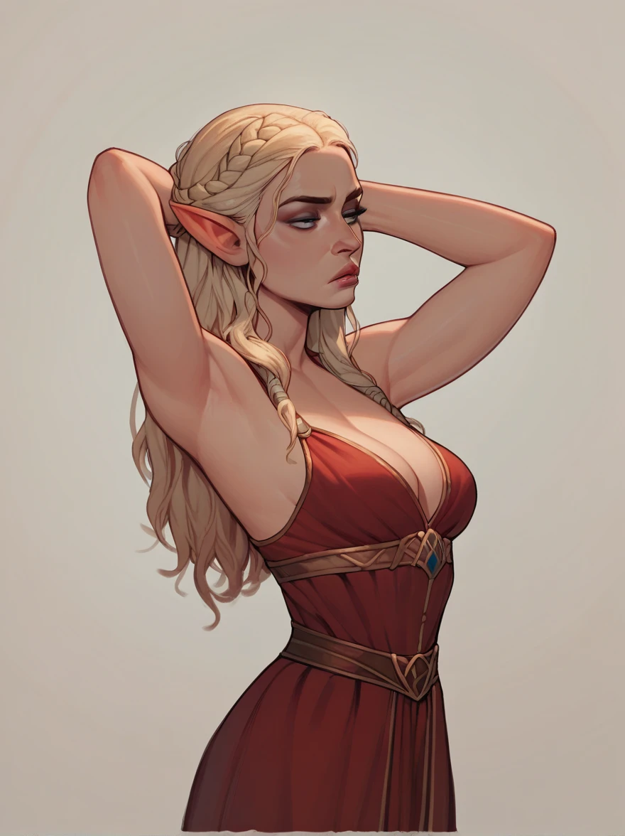 score_9, score_8_up,score_7_up, score_6_up, score_5_up, score_4_up, woman, best quality, highres, full shot, solo, beautiful, makeup, soft lips, daenerys (bored), large cleavage,  beautiful red dress, (((simple background))), thin elf ears, head up