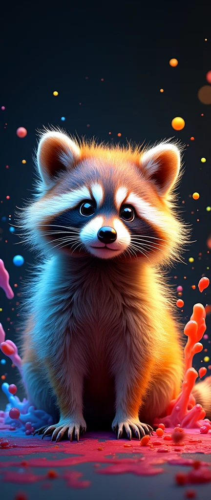 A photo of a cute, extra fluffy baby raccoon with a myriad of hues ranging from blues, reds, yellows, to purples. The raccoon is surrounded by a splash of these colors, resembling liquid paint, which is dripping and splattering around it. The background is dark, emphasizing the luminosity of the raccoon and the vivid colors. The raccoon's eyes are wide and expressive, and it seems to be gazing directly at the viewer.