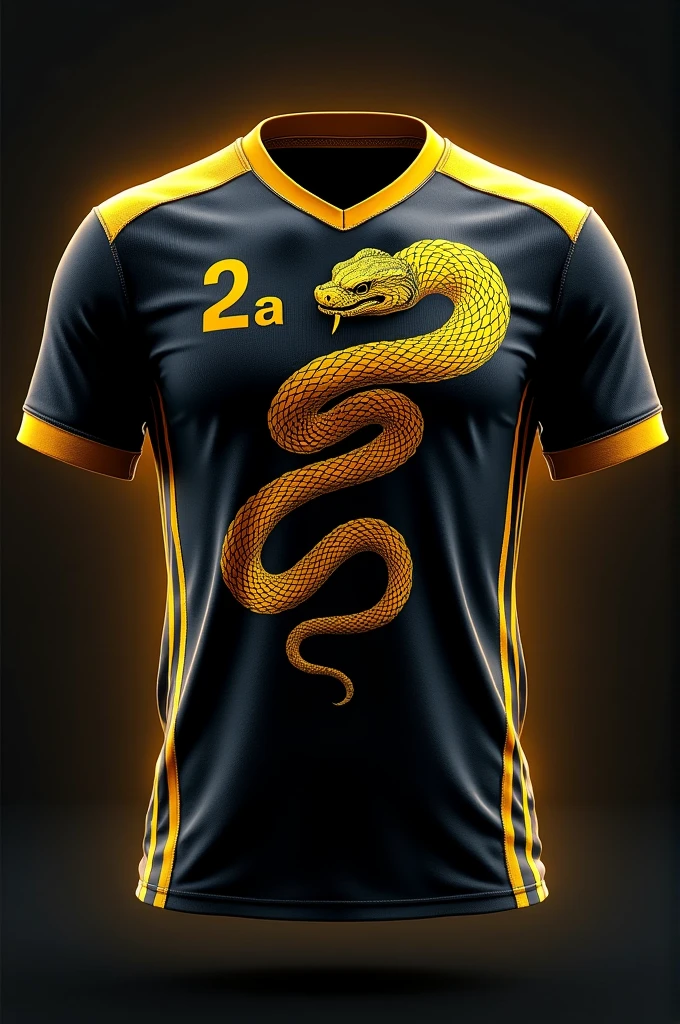 Create a team shirt/black interclass with gold stripes, with a golden anime style snake, with 2A on the left chest and V-shaped collar