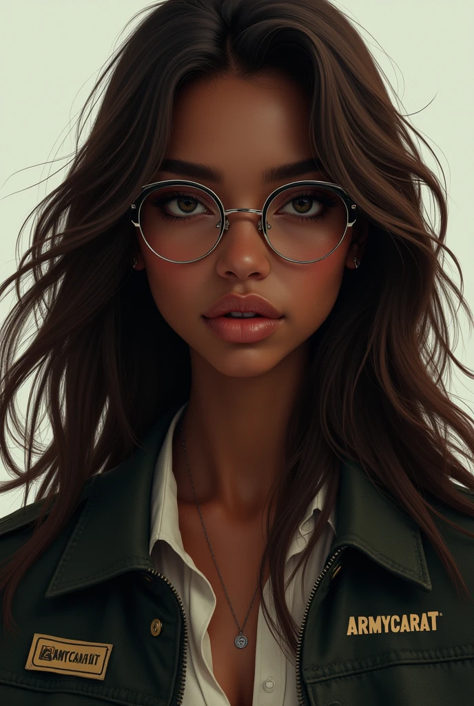 Dark skinned girl with long brown hair and glasses with a jacket that says ARMYCARAT