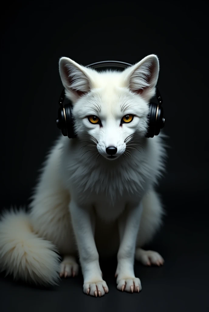 Male white fox logo with headphones narrating scary stories for tiktok and a black background looking serious and expressionless at the camera