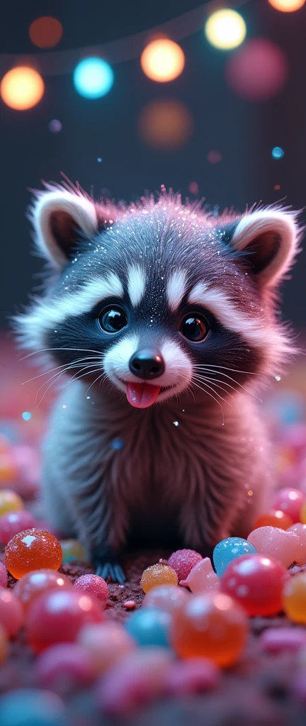 A photo of a cute, extra fluffy baby raccoon with a glittery, crystalline substance on its fur. The raccoon has large, round eyes with blue and pink hues, and its tongue is sticking out. The creature is surrounded by various colorful candies, including gummy bears, lollipops, and other sweet treats. The background is dark, emphasizing the creature and the candies.