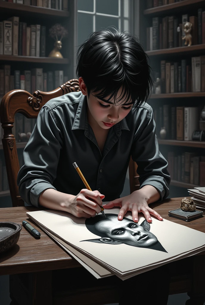 Person sitting drawing a vampire