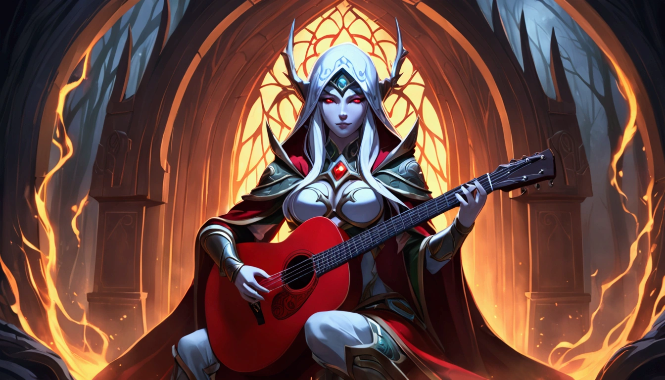 Sylvanas Windrunner, the legendary leader of the Forsaken, sits on a dark wooden throne, surrounded by an aura of mystery and magic. In her hands, she holds a vibrant red guitar, its strings seemingly pulsing with unearthly energy. Her eyes, burning with an otherworldly intensity, stare directly at the viewer, as if daring them to come closer. Her long, white hair falls over her shoulders, framing her pale, ethereal face. Her lips, painted a deep red, curve in an enigmatic smile, as if guarding secrets known only to her. The guitar, which appears to have been created by magical hands, emits an intense red light that illuminates the environment around it. The strings vibrate with an energy that seems almost palpable, as if they are alive and responding to Sylvanas’ touch. In the background, a dark and mysterious mist spreads, as if the night itself is closing in around Sylvanas. The atmosphere is charged with tension and anticipation, as if something is about to happen.
The image is a mix of shadows and light, of mystery and magic, capturing the essence of Sylvanas Windrunner as an enigmatic and powerful creature.