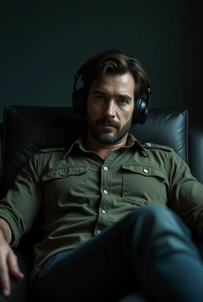 man sitting on his sofa, with a military green button-down shirt, with headphones, looking to the camera, in a room with dark tones