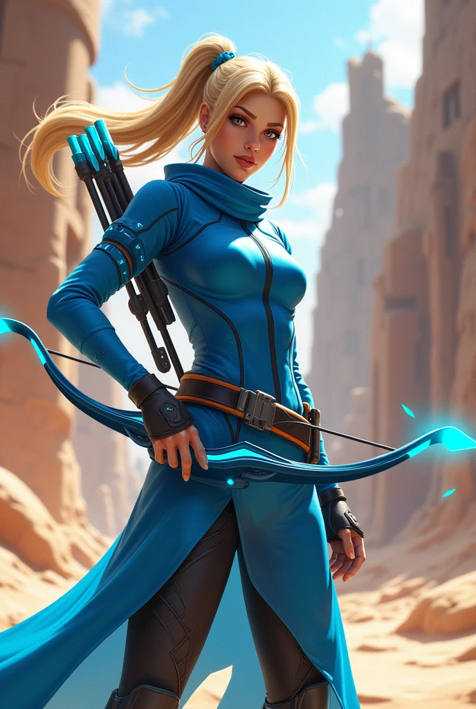 Valorant game beating, tied blonde hair, holding shock bow and arrow, with futuristic blue robes on the Mirage map of cs go.
