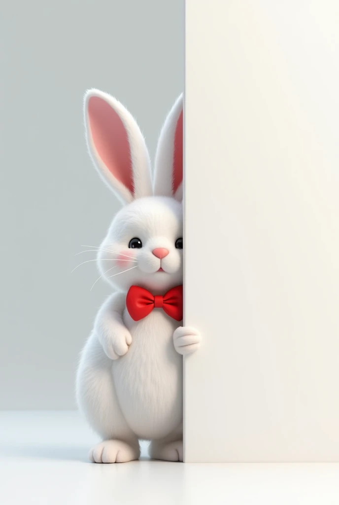 half the body of a white rabbit with red bow tie sticking out from behind a wall, facing us, 3d rendering, pixar style, (detailed digital art), stylized 3d rendering, c4d, (full height), high quality, composition, masterpiece, art station, solid white plain background