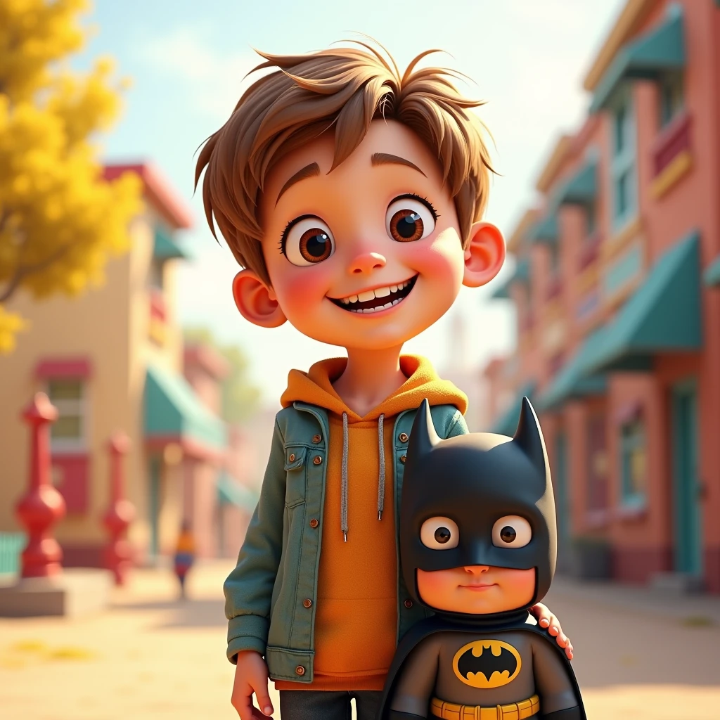 Image type: Pixar cartoon of a boy, short brown hair, big cage eyes, Expression of a happy and friendly child. The boy is holding his batman toy with his right hand