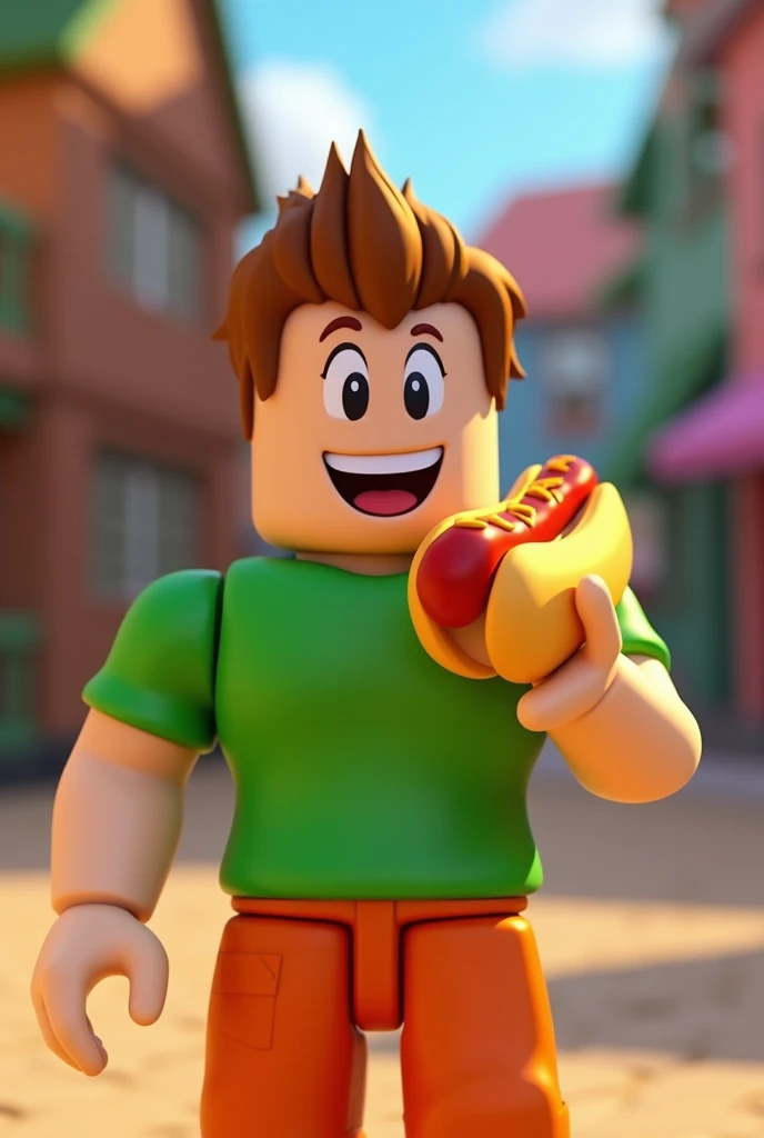 Roblox character eating hotdog green and orange clothing colors