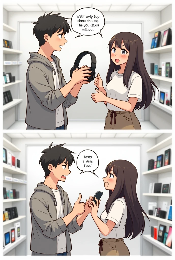 generates a two-person comic without dialogue, in a store wanting to buy headphones and a cell phone, just like trying on sunglasses and the other person complimenting you