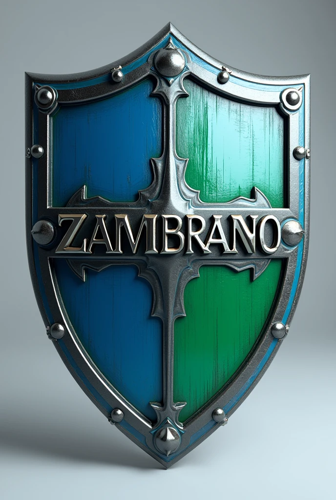 Draw me a shield of the Zambrano surname in 3D with the colors blue and green 