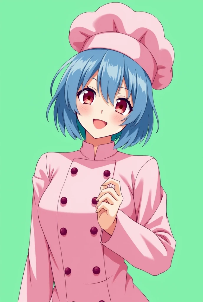 Female chef between 18 and 1, with a pink long-sleeved uniform and a chef's hat of the same color, 2D anime style with pastel colors, short blue hair, Red eyes ,with a happy and sensual expression, on a completely green and flat background
