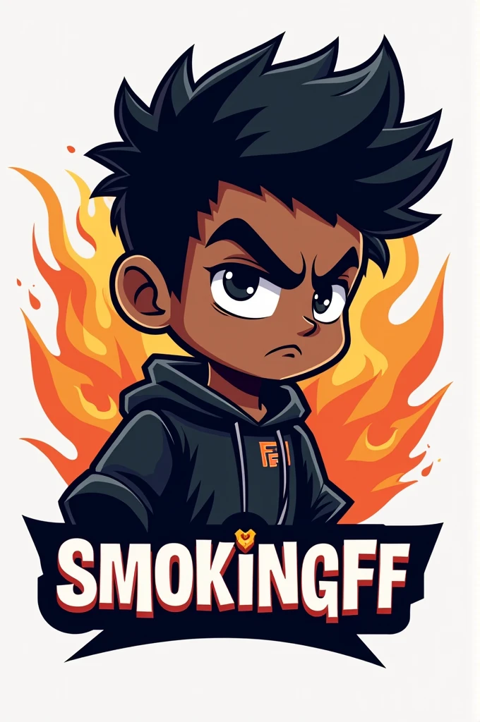 Create me a mascot logo and the mascot is a dark-skinned gamer boy with a black basketball shirt and black hair and underneath it has the name smokingFF
