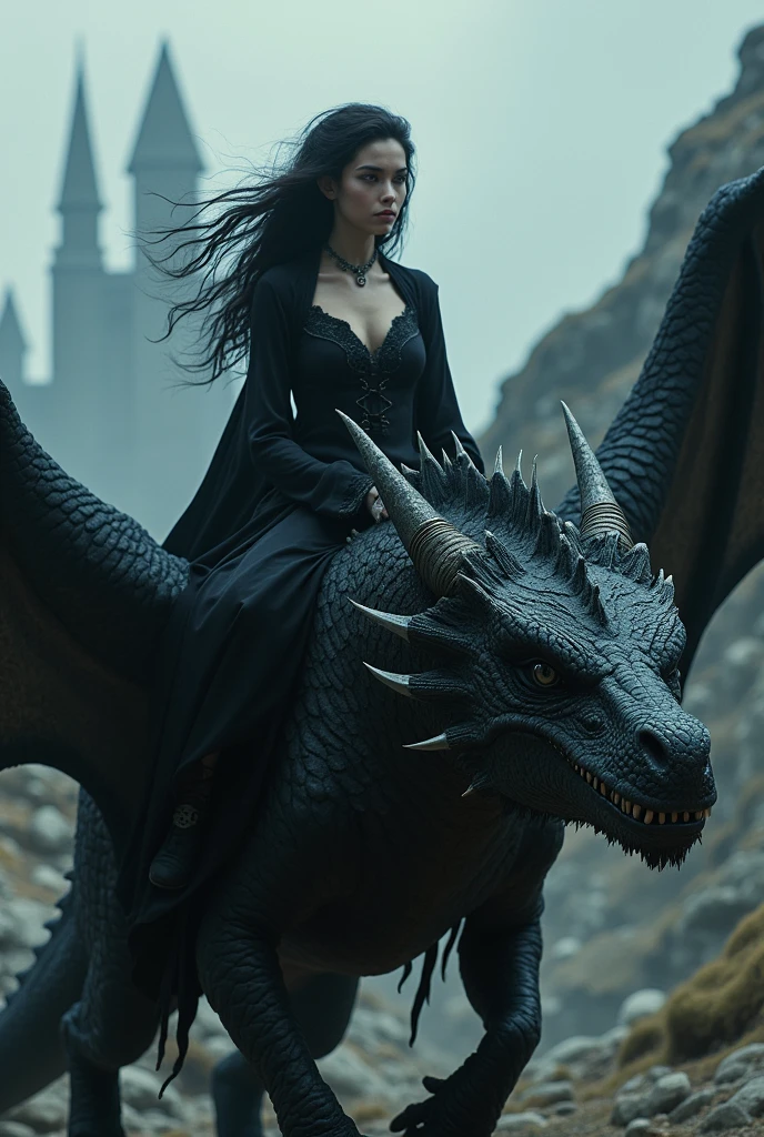 Create a real image of a black-eyed, black-haired girl riding a dragon, with a dress, with the theme of game Of thrones