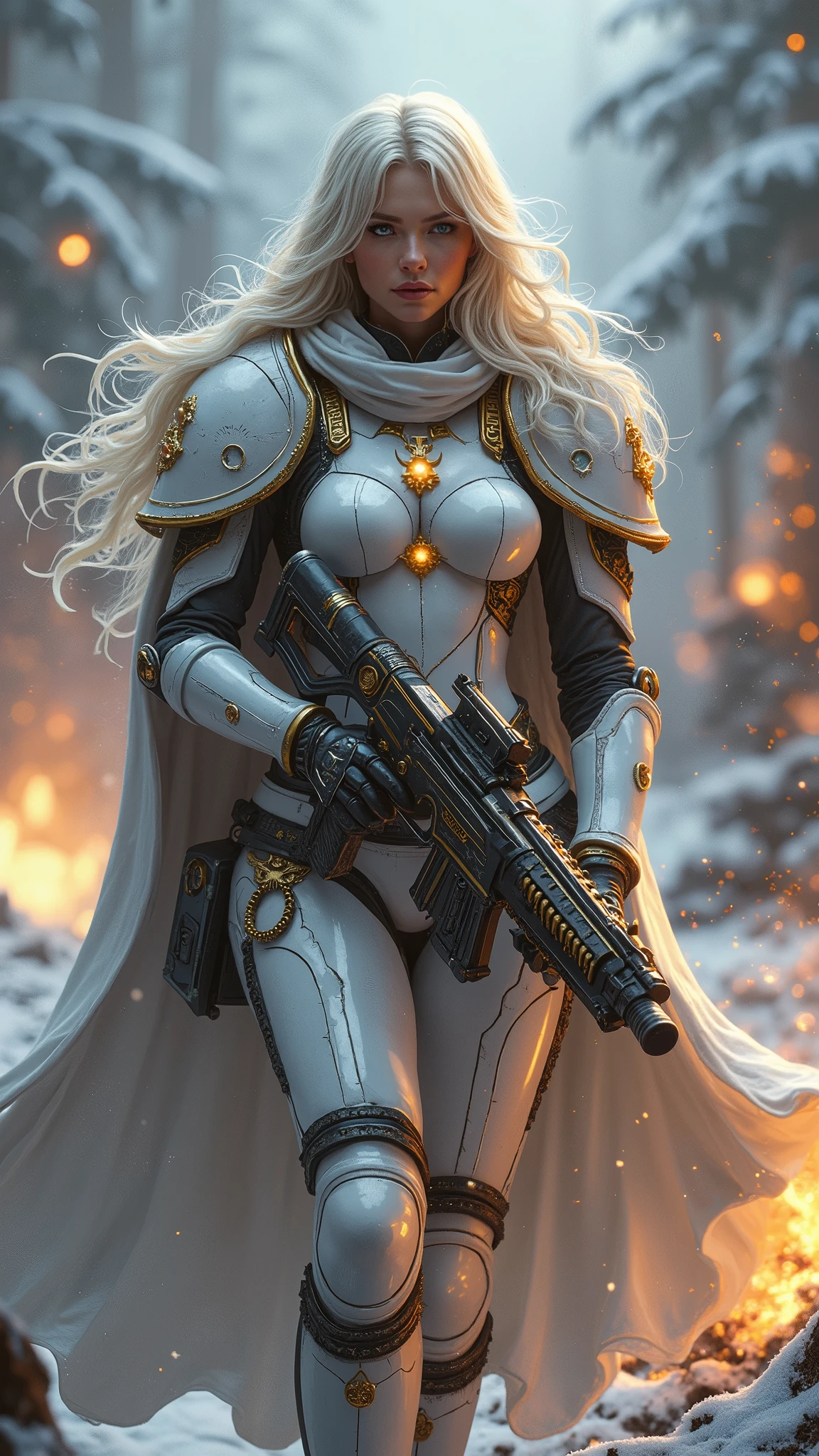 a beautiful woman with long platinum blonde hair, porcelain skin, ice blue eyes, sexy sisters of battle from the warhammer 40k, shooting at the enemy, frosty white space marine armor with intricate details and glowing religous symbols, sisters of battle, Adepta Sororitas, warhammer 40k, Massive silicone breast, pale skin, seductive, temptation, eat your soul, clevage, , standing in a magical winter wonderland with snow-covered trees and frozen lakes, intricate ice crystals and snowflakes surrounding her, (best quality,4k,8k,highres,masterpiece:1.2),ultra-detailed,(realistic,photorealistic,photo-realistic:1.37),fantasy,digital art,cinematic lighting, highly detailed armor, intricate futuristic big rifle weaponry, raised weapon or weapons, gritty and realistic, mecha, science fiction, hyper-detailed, photorealistic, award winning digital art, 8k, HDR, masters work, in the middle of a battle field, full body combat action pose, explosions and fire around, full war, charging, running forward, attacking, stunning, Stilleto heels, high heels, full body pose, cinematic, dust and debree, combat screams, attacking, shooting at the enemy, sisters of battle, Adepta Sororitas, warhammer 40kdramatic color palette,frozen landscape,ice powers,snow queen