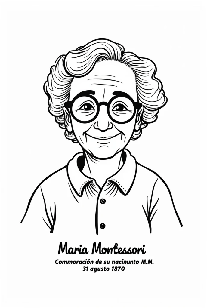 Image of Maria Montessori cartoon in black and white to color and at the bottom include this phrase in Spanish that says Commemoration of her birth M.M 31 August 1870 