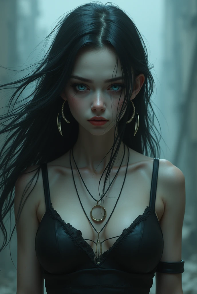 Woman, adolescent, blue colored eyes, Bblack hair, very long hair, teeths, tusk, best qualityer, pale white skin.high resolution, slickedback hair, breastsout, Half moon earrings, cloused mouth, eyes open, eye white, flickering eyes, apocalypto, Surrealism, 真实感, ear, human, big hair