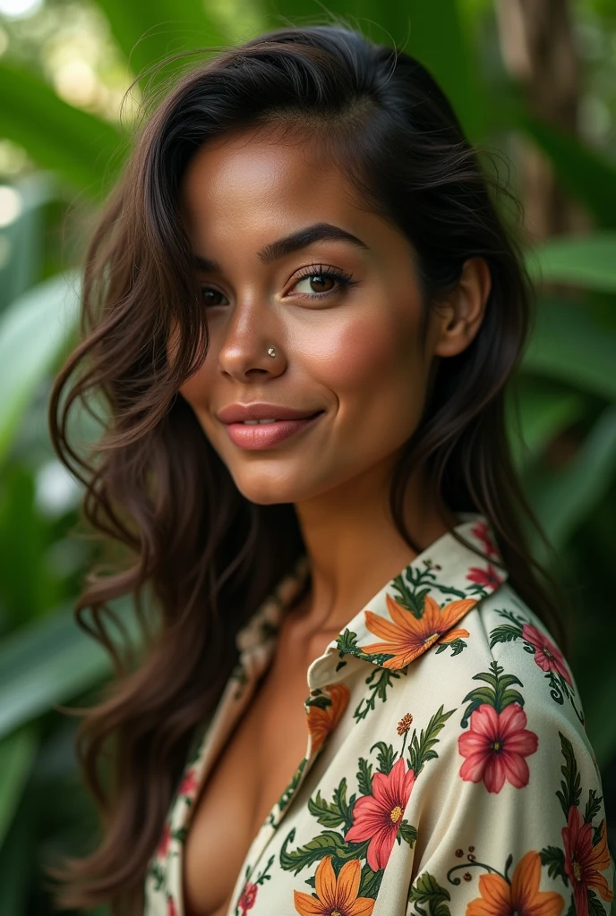 A Brazilian woman in a lush tropical garden, wearing an open shirt with a floral print, with a close-up capturing the harmonious beauty between her breasts and the natural flowers, showing off your natural charm and outgoing personality.